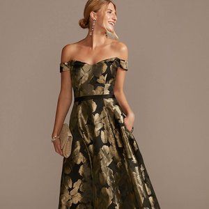 David's Bridal off-the-shoulder metallic brocade dress